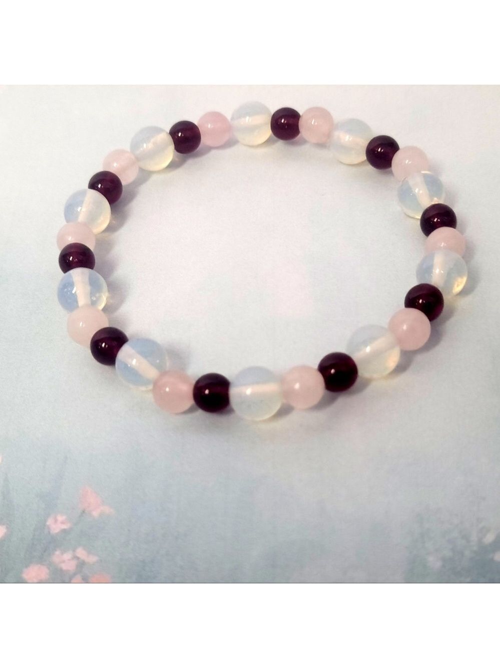 Garnet Rose Quartz Opalite Crystal Gemstone Stretch Bracelet 7.5 Inch
